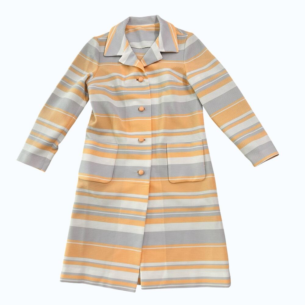 Vintage 60s 70s Mod Striped Knit Coat Dress Orange Gray Retro Duster Small -